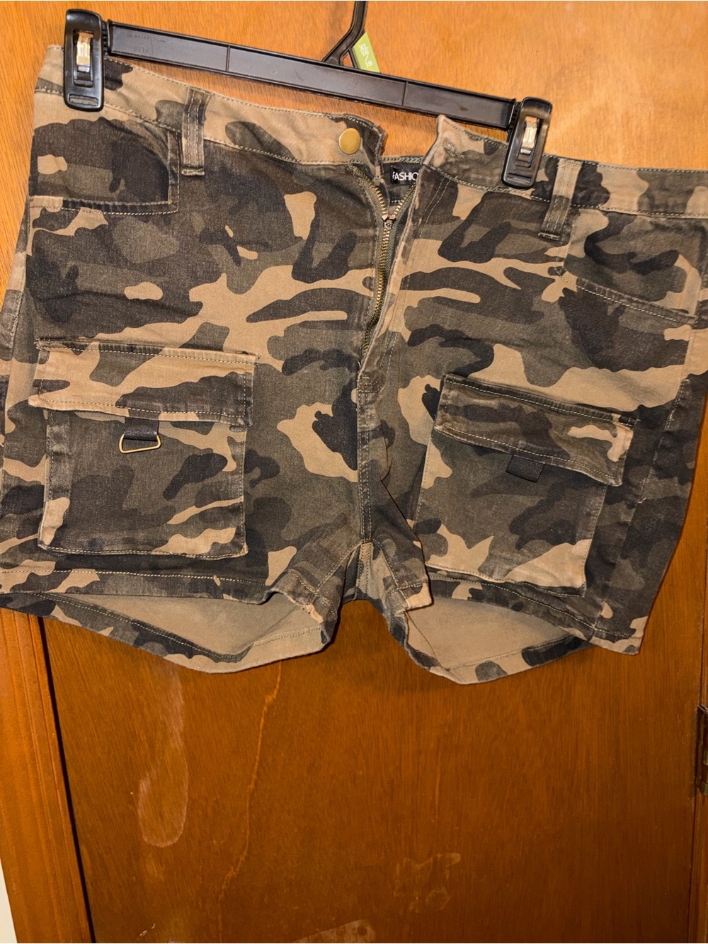 Fashion Nova Camo Cargo Shorts in Olive and Black